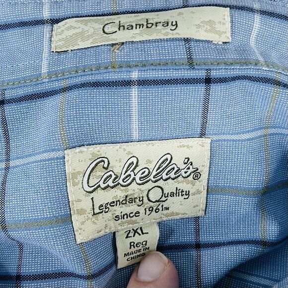 Cabelas 2XL Chambray Outdoor Shirt Blue Plaid Button Down 100% Cotton Casual - Picture 3 of 5